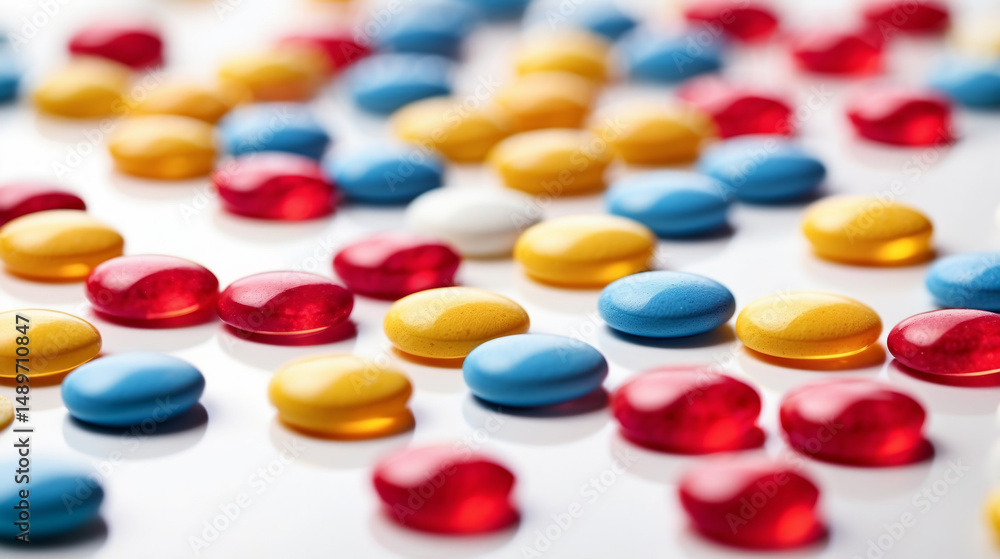 An abstract composition of colorful pills lying on a surface. A great option for illustrating themes related to pharmacology An abstract composition of colorful pills lying on a surface. A great option for illustrating themes related to pharmacology