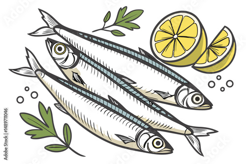 49 fresh anchovies, lemon wedges, parsley, silver, still life, food photography, clean background, high quality, detailed, sharp focus