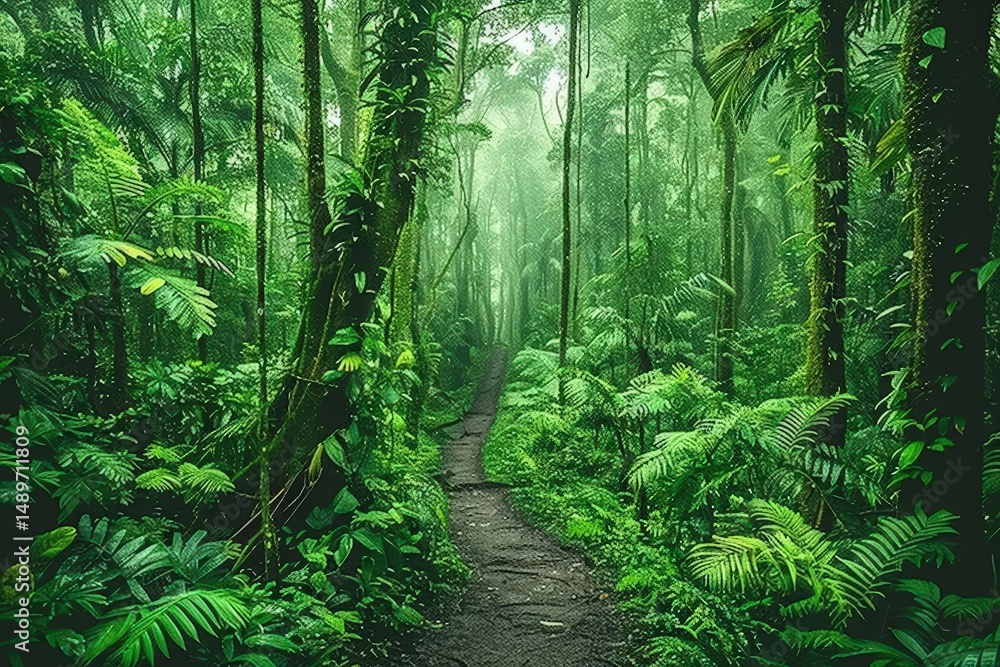 Obraz premium A lush, green tropical rainforest with a narrow path winding through dense vegetation and towering trees.