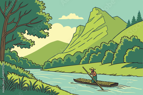 50 bamboo raft, mountain landscape, scenic outdoors, lush greenery, river, traditional transportation, rural setting, person rowing boat, natural environment, picturesque scenery