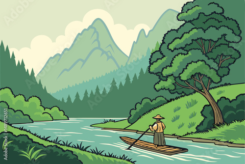 50 bamboo raft, mountain landscape, scenic outdoors, lush greenery, river, traditional transportation, rural setting, person rowing boat, natural environment, picturesque scenery