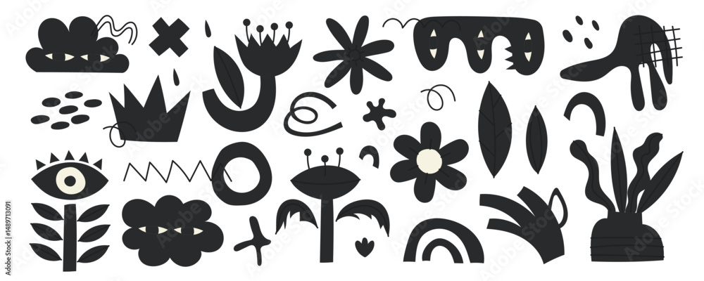 Obraz premium Set of silhouettes minimalistic bizarre abstract geometric unusual shapes and forms in matisse art style, Hand drawn monochrome primitive, Big vector doodle objects and graphic elements, fruits