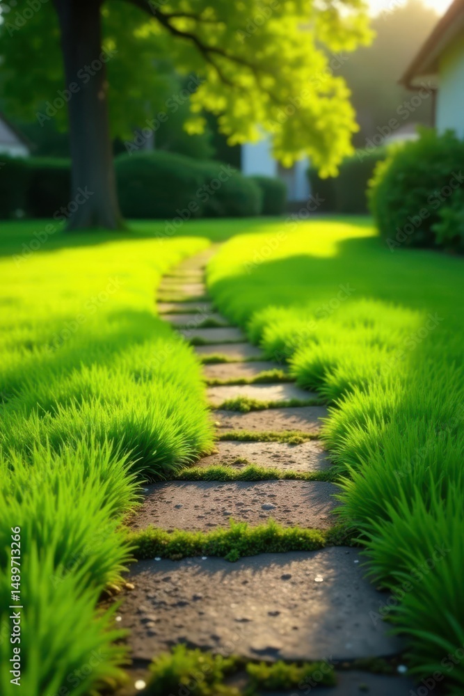 Obraz premium Serene Garden Path Lush Green Grass Borders a Stone Walkway in Soft Sunlight