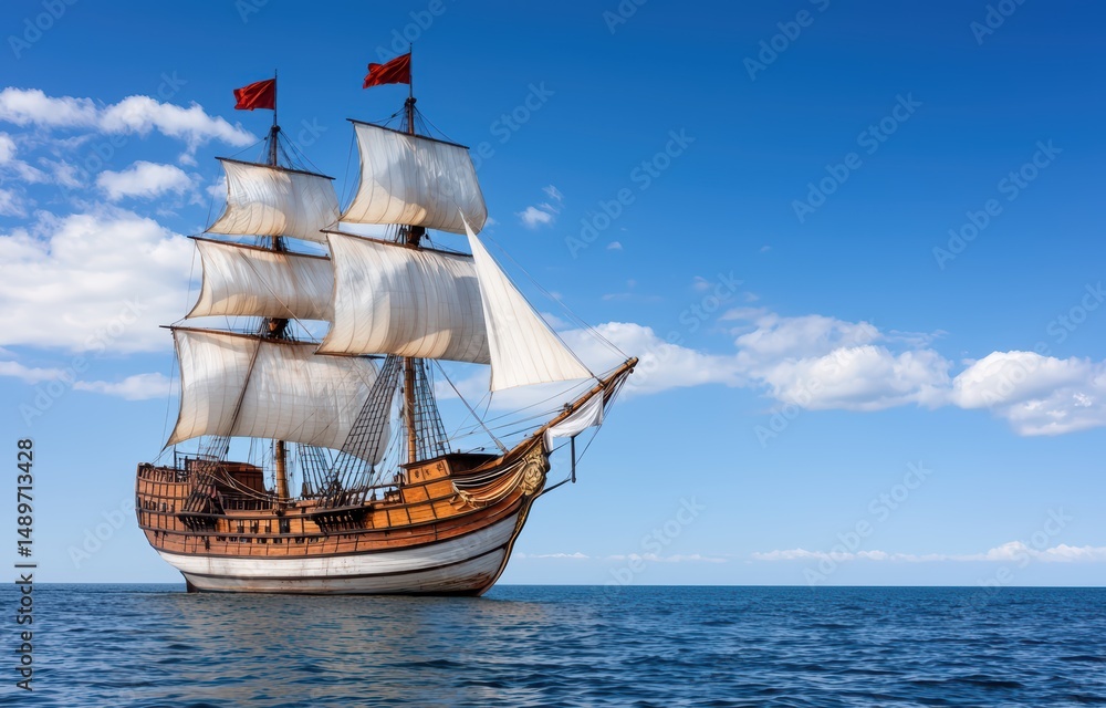 Classic Tall Ship Sails on Calm Ocean Under Bright Blue Sky Classic Tall Ship Sails on Calm Ocean Under Bright Blue Sky