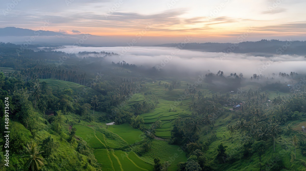 Naklejka premium Aerial View Of Sunrise Mist Over Golden Paddies In Lush Green Landscape Of Bali Indonesia