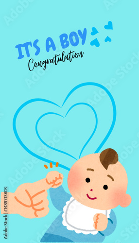 It's a boy, Baby shower greeting card with blue background. New born baby boy Happy Birthday.  (  original illustration, not generated AI  ).