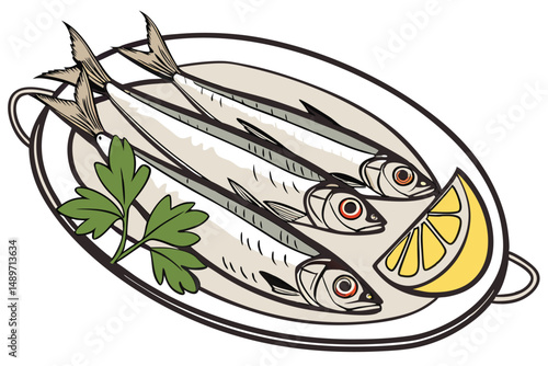 51 high quality photo of a platter of fresh anchovies, fillets, lemon wedge, parsley sprigs, clean, realistic, sharp focus, detailed, food photography