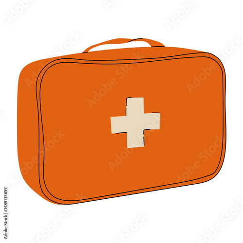 Simple vector image of an orange first aid kit with a white cross symbol, ideal for medical and emergency design use.