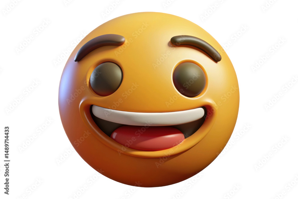 Fototapeta premium PNG Smiling 3d emoji with open mouth and raised eyebrows on white background
