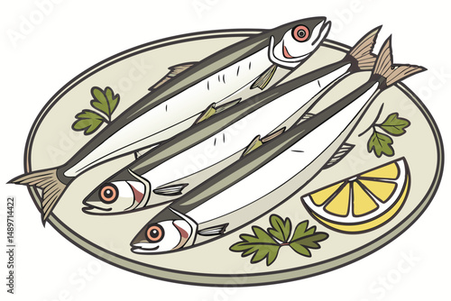 51 high quality photo of a platter of fresh anchovies, fillets, lemon wedge, parsley sprigs, clean, realistic, sharp focus, detailed, food photography