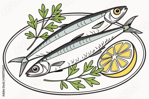 51 high quality photo of a platter of fresh anchovies, fillets, lemon wedge, parsley sprigs, clean, realistic, sharp focus, detailed, food photography