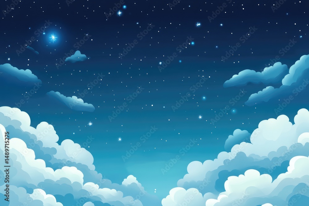 Fototapeta premium Night sky filled with twinkling stars and fluffy clouds. A vast expanse of dark blue night sky dotted with bright stars and illuminated by a brilliant celestial body. 