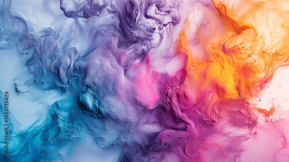 Fototapeta premium Colorful powder bursts against white. It's an abstract, frozen moment of vibrant powder, like the Holi festival. 