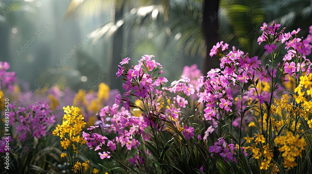Obraz premium Blooming flowers in meadow with mystical tropical landscapes concept. A vibrant display of exotic flowers in a lush garden setting.