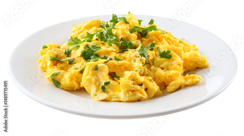 a plate of scrambled eggs with parsley