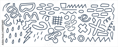 Hand drawn naive, bizarre abstract geometric shapes and forms. Modern contemporary figures, various organic shapes and doodle objects, vector graphic elements