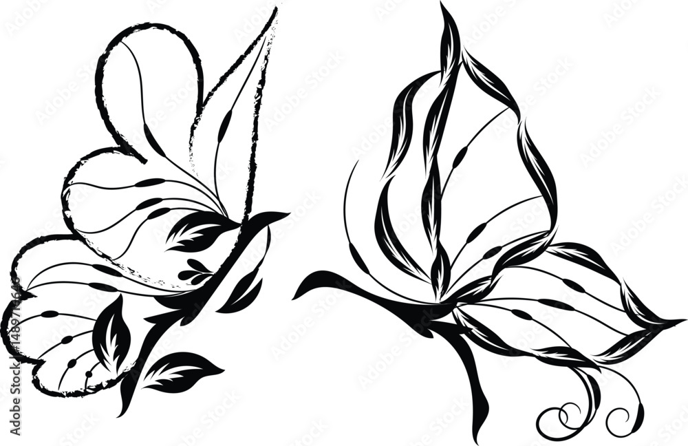 Obraz premium Two Elegant Black and White Butterfly Floral Designs