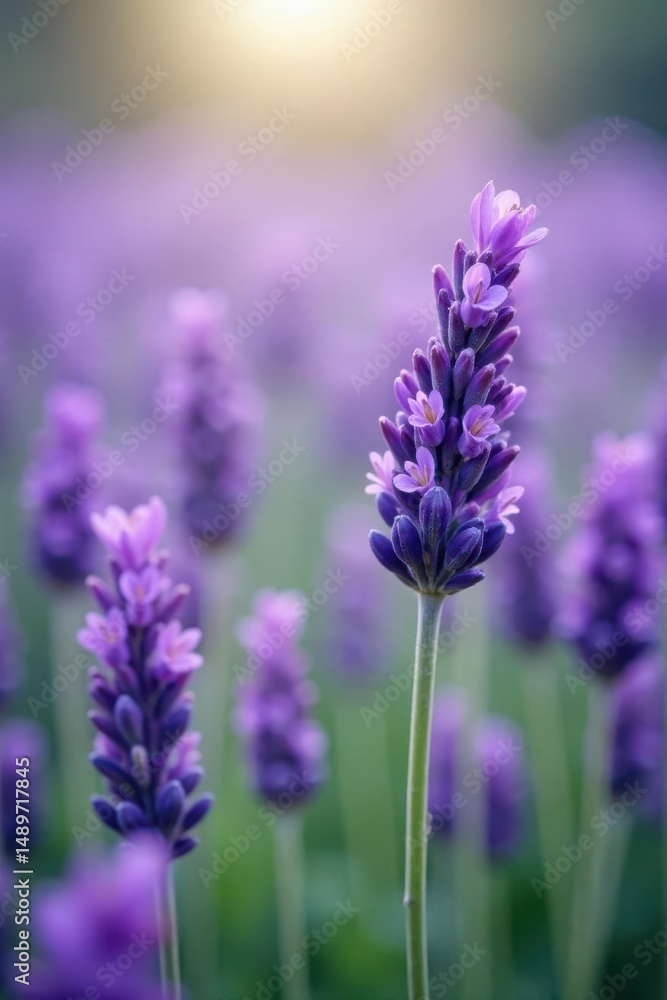 Naklejka premium A Field of Lavender Blossoms Bathed in Golden Sunlight, a Single Stem Standing Tall and Proud, Its Delicate Purple Flowers Catching the Light