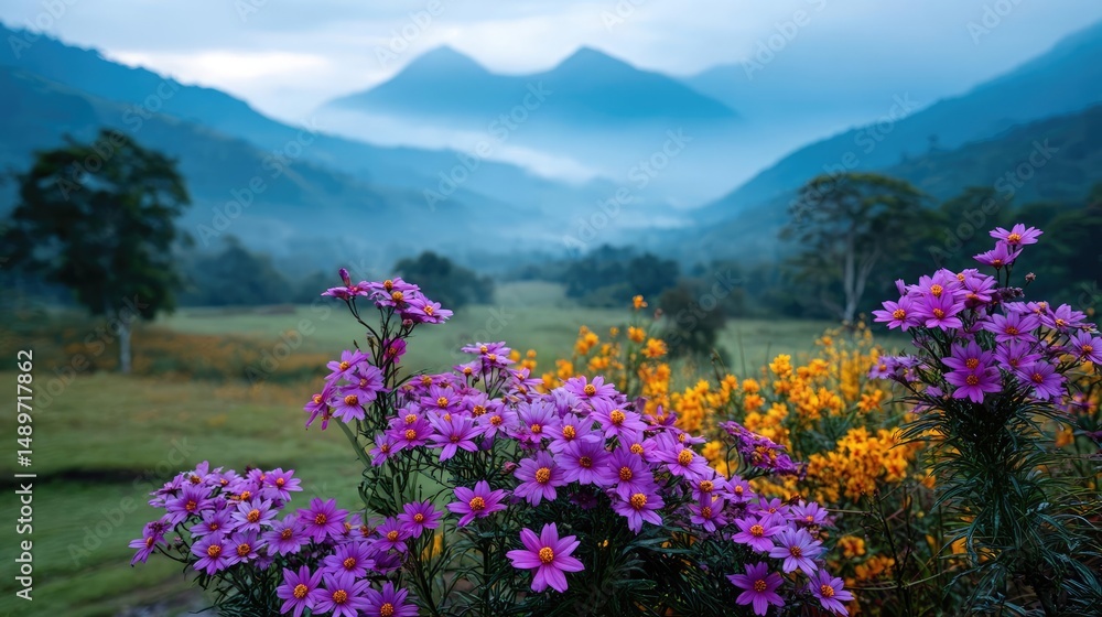 Obraz premium Blooming flowers in meadow with mystical tropical landscapes concept. Scenic view with vibrant flowers against a misty mountain backdrop.