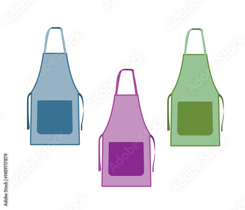 Set of colorful aprons with front pockets isolated on white background flat design
