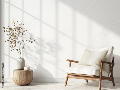 A chair and a table alongside a sunlit wall