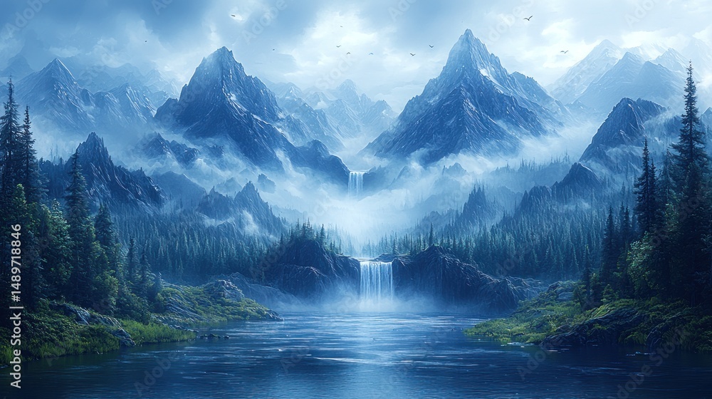 Fototapeta premium Serene mountain vista with cascading waterfall, misty valleys, and tranquil lake, shrouded in cool blue hues