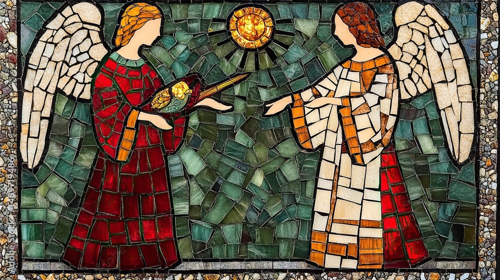 Obraz premium Angels exchanging a golden bird in a colorful stained glass art piece