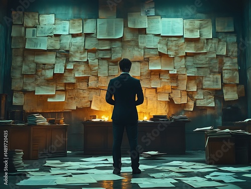 Man examining a wall of documents in a dimly lit office.