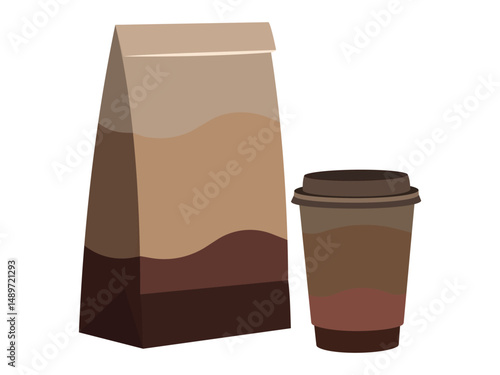 Coffee cup and paper bag packaging isolated on white background flat design