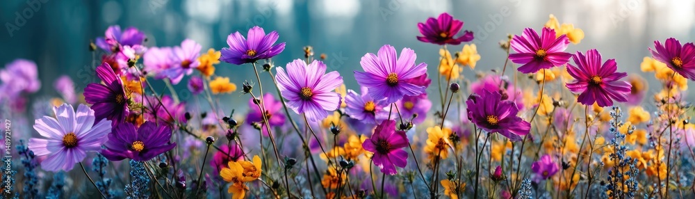 Fototapeta premium Blooming flowers in meadow with mystical nature and dreamlike gardens concept. Vibrant flowers blooming in a serene natural landscape.