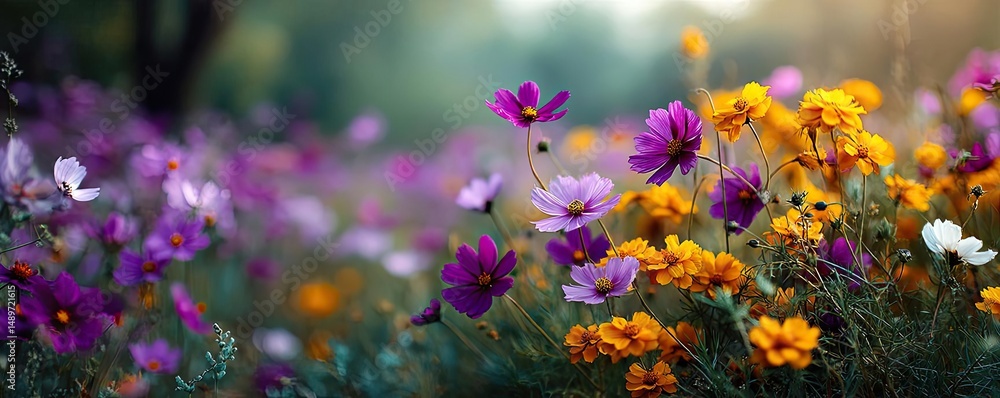 Obraz premium Blooming flowers in meadow with glowing paradise dreamlike nature concept. A vibrant display of colorful wildflowers in natural sunlight.