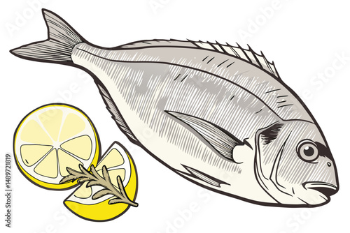 55 flat fish, fresh seafood, lemon slice, fish fillet, close-up, white background, 8k, photorealistic, detailed