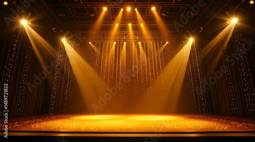 Wallpaper Mural Stage with golden light beams shiny curtain and golden sparkles on stage floor with curtains Torontodigital.ca