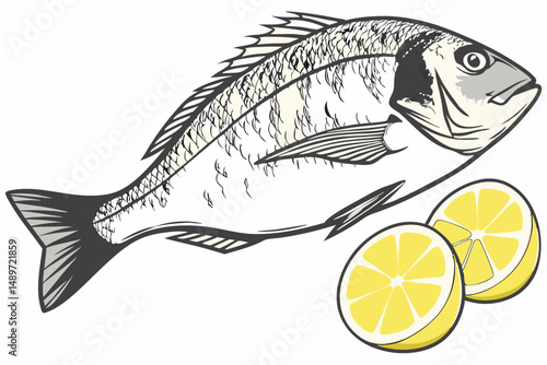 55 flat fish, fresh seafood, lemon slice, fish fillet, close-up, white background, 8k, photorealistic, detailed