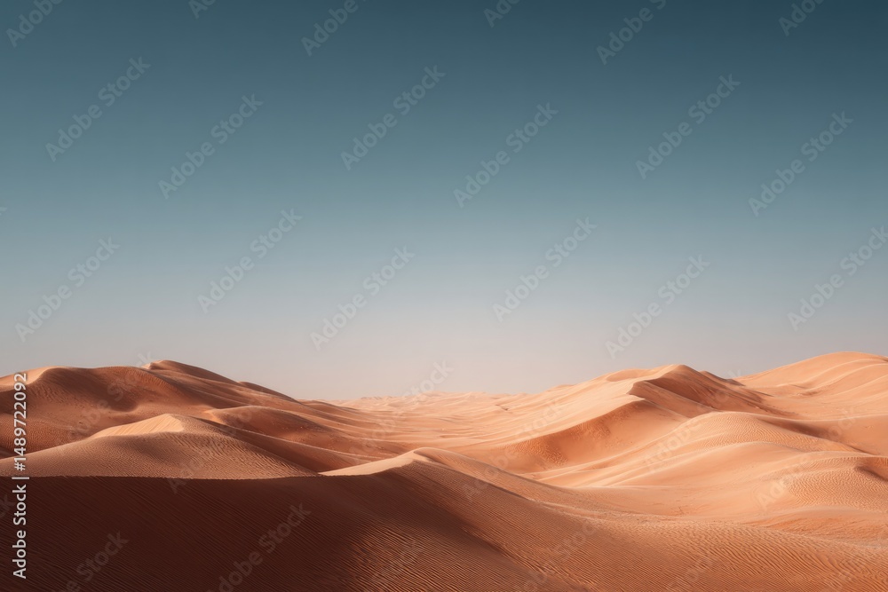 Naklejka premium capture soothing essence of uzbekistan vast desert landscape with rolling sand dunes under clear blue sky