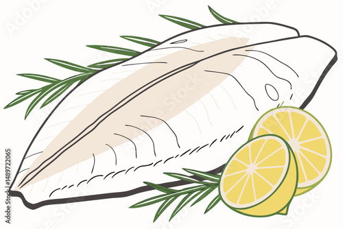 55 flat fish, fresh seafood, lemon slice, fish fillet, close-up, white background, 8k, photorealistic, detailed