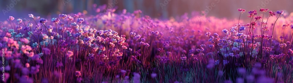 Naklejka premium Blooming flowers in meadow with glowing paradise dreamlike nature concept. Vibrant field of blooming flowers in purple hues during sunset.