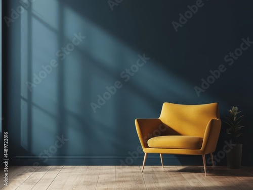 The yellow armchair is set against a navy blue wall