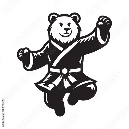 Fierce Bear in Kungfu Pose – Leaping Animal Fighter Logo Vector
