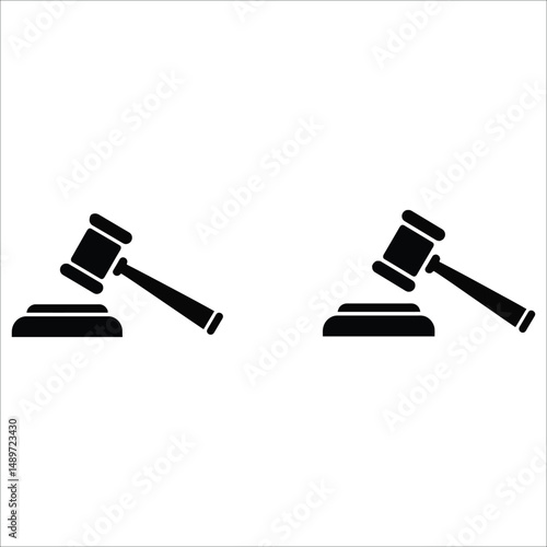 The image shows two black and white vector icons of a gavel, commonly associated with law and justice. Each icon depicts a gavel resting on a sounding block with slight angle variations, set against