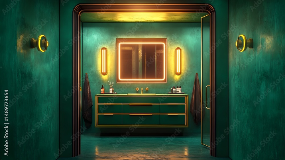 Fototapeta premium Stylish teal bathroom interior design with golden accents.