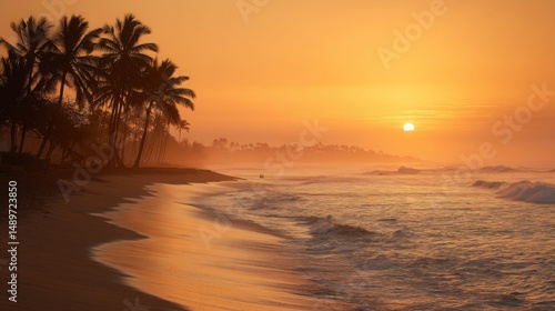 Sunset over calm ocean with silhouetted palm trees along the shore in tropical paradise