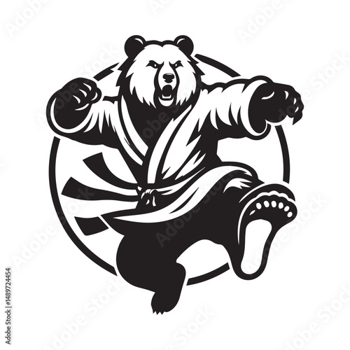 Fierce Bear in Kungfu Pose – Leaping Animal Fighter Logo Vector