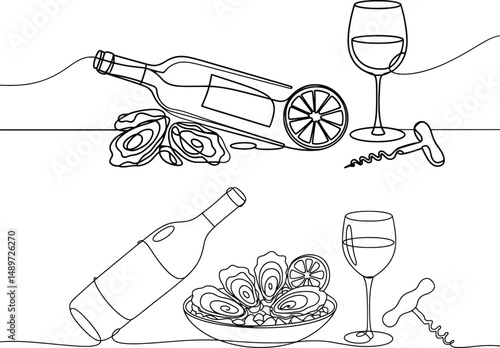 Wine and Oyster Line Art, Minimalist Food and Drink Illustration.