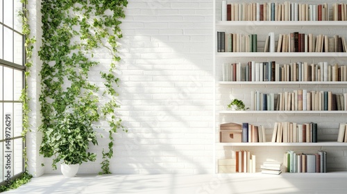 Sunlit room, ivy, bookshelves, window, plants, minimalist interior design, home office