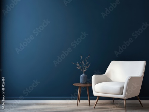 A modern white armchair rests near a small wooden side table