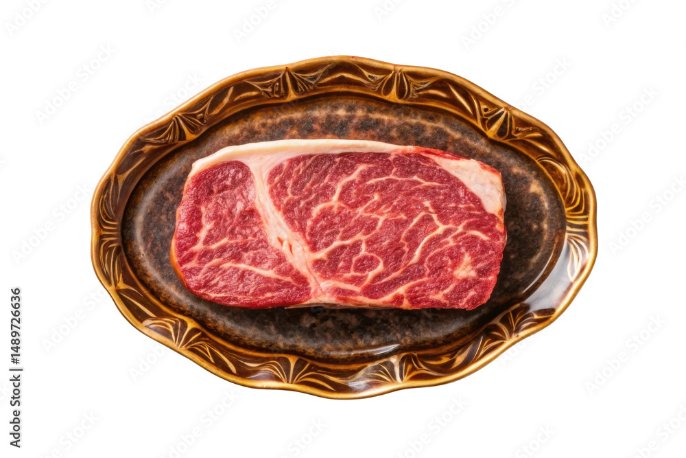 Obraz premium PNG Raw marbled beef steak on ornate brown ceramic plate