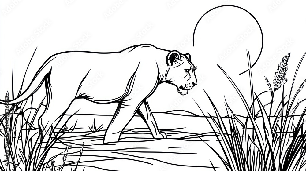Fototapeta premium Lioness walking in savanna grassland at sunset; wildlife illustration