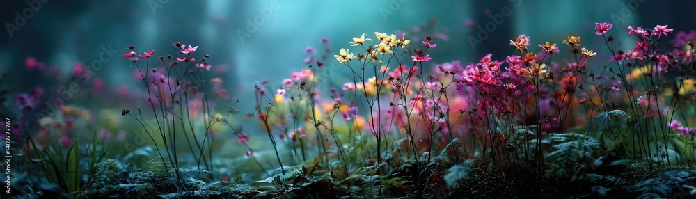 Obraz premium Blooming flowers in meadow with mystical nature and dreamlike gardens concept. Vibrant wildflowers bloom in an enchanting, misty forest.