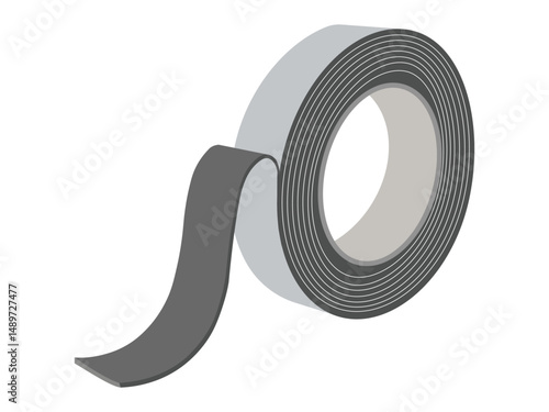 Roll of black adhesive tape with loose end isolated on white background